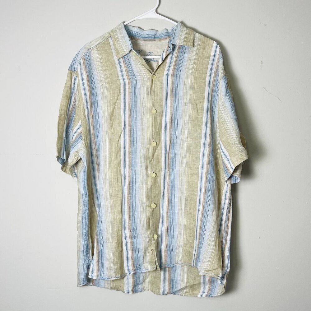 Tommy Bahama Striped Shirt Men's Large Blue Khaki Linen Blend Button Up Beach‎
